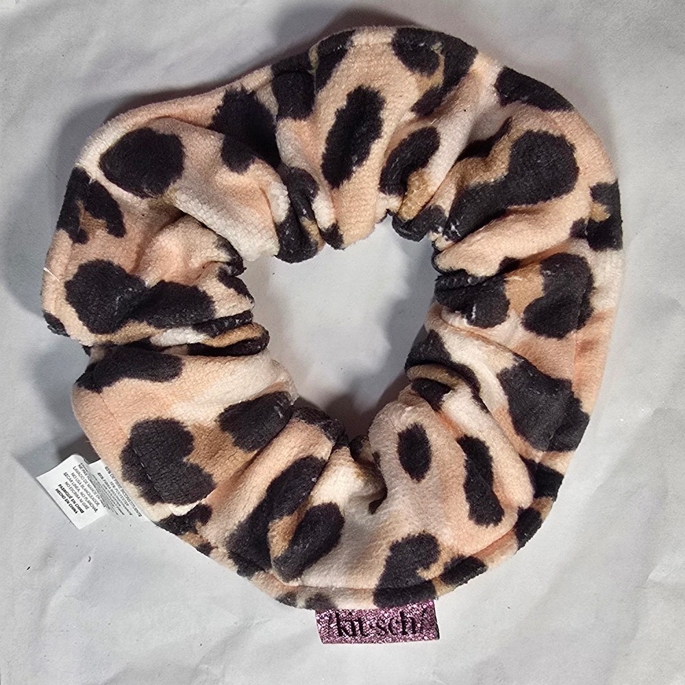 Kitsch Leopard Print Plush Hair Scrunchie Soft Animal Pattern Tan Brown Black